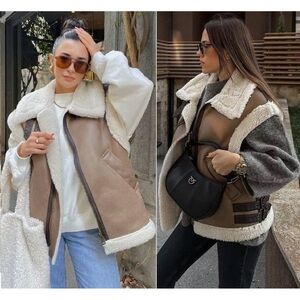 ZARA Woman Faux Leather Shearling Aviator Double Faced Fleece Vest Brown Size S